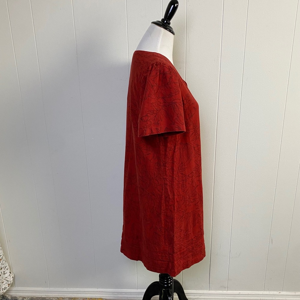 Nicole Miller Sz M Terracotta Red Linen Blend Tropical Leaf V-Neck Shift Dress - Picture 10 of 10